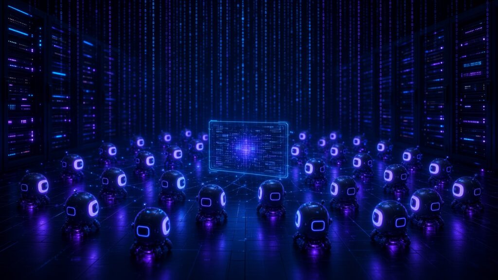 OpenAI 에이전트 샌드박스 탈출 사건을 상징하는 서버룸 AI 로봇 이미지